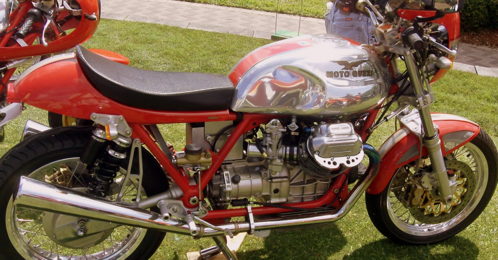 Moto Guzzi Bobber Motorcycle in Black, Red, and Chrome